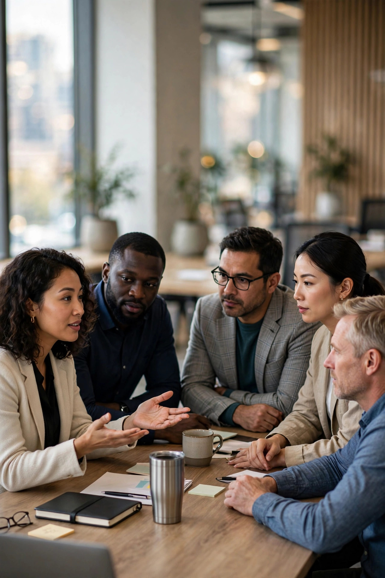 Équipe en discussion autour d'une table — atelier de résolution de conflits